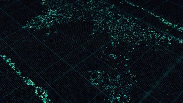 Αφηρημένη πολύχρωμα σωματίδια δημιουργούν παγκόσμιο χάρτη που ρέει σε μαύρο φόντο, αδιάλειπτη βρόχο. Κινούμενα σχέδια. Ψηφιακό μάρκετινγκ και επιχειρηματική ιδέα. — Αρχείο Βίντεο