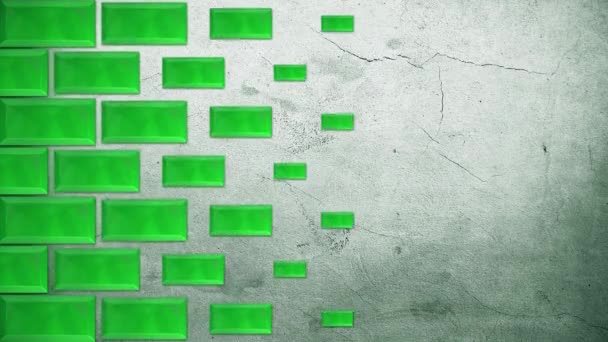 Rectángulos verdes abstractos construyendo una pared sobre fondo gris, diseño de movimiento. Animación. Ladrillos voladores en filas rectas horizontales . — Vídeo de stock