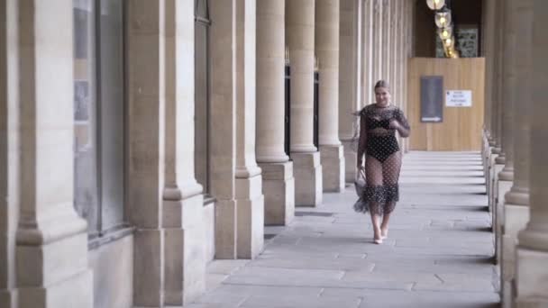 Chica en vestido extravagante sexy y ropa interior negra caminando cerca del museo del Louvre en París, Franc. Acción. Increíble modelo de tamaño más posando delante de la cámara . — Vídeo de stock
