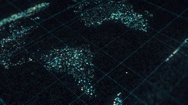 Soyut kıtalar, siyah zemin üzerinde düz çizgiler çizerek, pürüzsüz bir döngü oluşturan küçük hücreler tarafından oluşturulmuştur. Animasyon. Geleceğin arama sistemi.