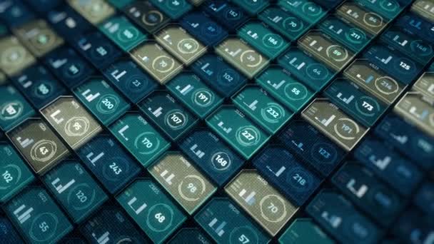 Écran numérique abstrait avec des données sous la forme de cellules mobiles avec des échelles et des nombres. Animation. Le mouvement et le traitement de l'information numérique .