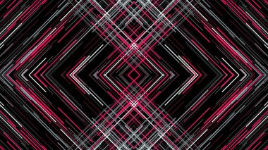 Siyah arkaplanda parazit olan çizgiler. Animasyon. Renkli çizgilerin üçgen ayna deseni siyah arkaplanda kesişiyor.