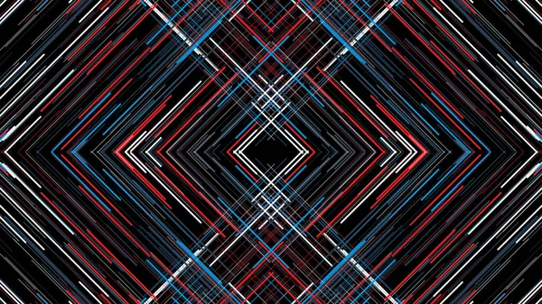 Μοτίβο γραμμών με παρεμβολές σε μαύρο φόντο. Κινούμενα σχέδια. Τριγωνικό μοτίβο καθρέφτη χρωματιστές γραμμές τέμνονται με παρεμβολές σε μαύρο φόντο — Φωτογραφία Αρχείου