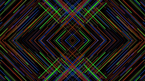 Driehoekig patroon van lijnen met interferentie. Animatie. Hypnotisch spiegelpatroon van snijdende kleurlijnen met interferentie op zwarte achtergrond — Stockfoto