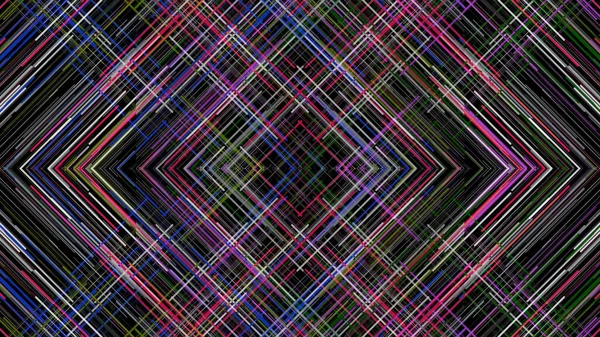 Triangular pattern of lines with interference. Animation. Hypnotic mirror pattern of intersecting color lines with interference on black background