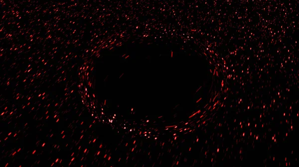 Χρωματιστά σωματίδια κινούνται σε μαύρο φόντο γύρω από τον κύκλο. Κινούμενα σχέδια. Υπνωτική επίδραση διαφανούς εμποδίου στην πορεία των κινούμενων σωματιδίων σε μαύρο φόντο — Φωτογραφία Αρχείου