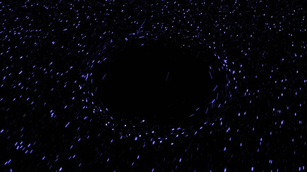 Colored particles move on black background around circle. Animation. Hypnotic effect of transparent obstacle in path of moving particles on black background