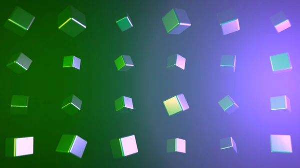 Rotating cubes that reflect light on colorful background. Animation. Multicolored smooth cubes with reflective surface rotate on colorful background