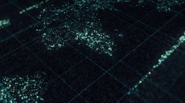 Soyut kıtalar, siyah zemin üzerinde düz çizgiler çizerek, pürüzsüz bir döngü oluşturan küçük hücreler tarafından oluşturulmuştur. Animasyon. Geleceğin arama sistemi.