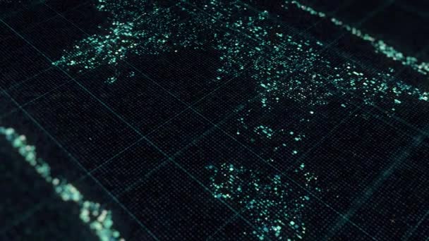 continents abstraits formés par des rangées de cellules minuscules avec des lignes droites croisées coulant sur fond noir, boucle transparente. Animation. Système de recherche futuriste .