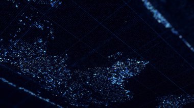 Küresel teknoloji dünya haritası, siyah zemin üzerinde yanıp sönen küçük parçacıklar, kusursuz döngü ile oluşturuldu. Animasyon. Kıtalar şeklinde parlak parçacıkların olduğu hareketli grafikler.