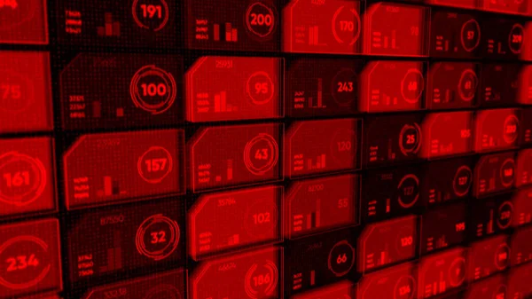Filas rojas abstractas de pequeñas celdas con diferentes números que fluyen lentamente sobre fondo negro, bucle sin costuras. Animación. Fondo futurista, concepto de tecnologías cibernéticas . —  Fotos de Stock
