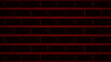 Siyah dikdörtgenlerin soyut yatay sıraları uçup gidiyor ve kırmızı arka plandaki duvarı yok ediyor, hareket tasarımı. Animasyon. Siyah dikdörtgenlerden oluşan tuğla duvar.