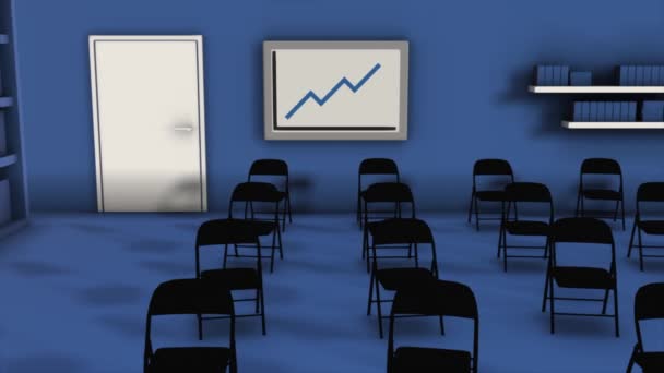 Interior of conference hall in blue colors with chairs, board with a graph, book chelves and the door. Animation. 3D layout of a room for business seminars or meetings. — Stok video