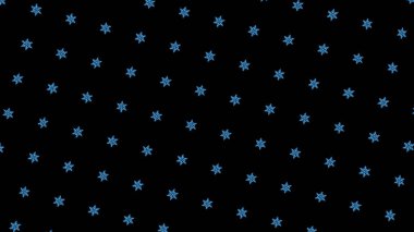 Siyah zemin üzerinde dönen kar taneleri deseni tekrarlanıyor. Animasyon. Siyah zeminde dönen kar tanelerinin basit arkaplanı. Kar tanelerinin kış deseni
