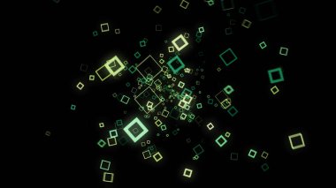 Siyah arkaplanda neon karelerin siber akışı. Animasyon. Renkli neon kareler siyah arkaplanda hipnotize edici bir şekilde titreşir.