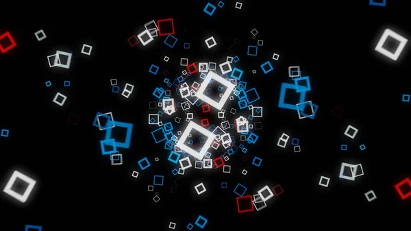 Futuristischer kubischer Hintergrund auf schwarzem Hintergrund. Animation. Neon quadratische Rahmen ausgebreitet mit hypnotischem Matrix-Effekt auf schwarzem Hintergrund — Stockfoto