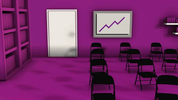 Interior of conference hall in pink colors with chairs, board with a graph, book chelves and the door. Animation. 3D layout of a room for business seminars or meetings. — 스톡 사진