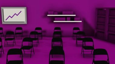 Interior of conference hall in pink colors with chairs, board with a graph, book chelves and the door. Animation. 3D layout of a room for business seminars or meetings.