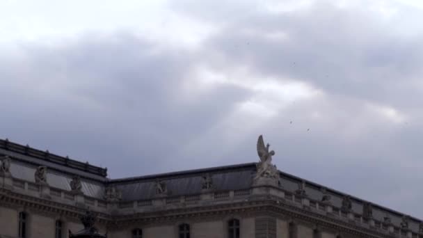A large brick historic building with the sculptures on its roof on cloudy sky background, architecture concept. Action. The government building with a flock of birds flying above it. — Stockvideo