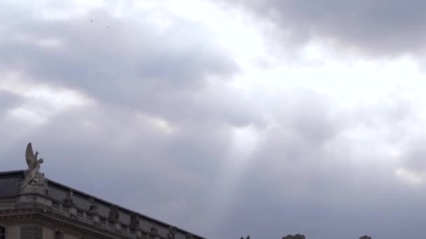 A large brick historic building with the sculptures on its roof on cloudy sky background, architecture concept. Action. The government building with a flock of birds flying above it. — Stock video