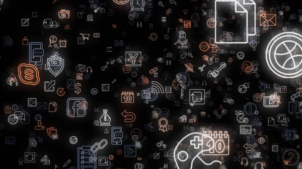 Bright neon icons with symbols in circles on black background. Animation. Neon emojis with objects and symbols on black background. Neon icons like space