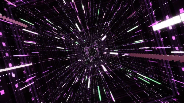 Cyber tunnel carré avec des rayures néon. Animation. Effet hypnotique de la plongée dans le cyberespace à travers un tunnel avec des rayures néon et un flux de lignes brillantes — Photo