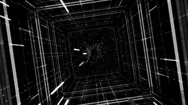 Futuriste tunnel lumineux avec flux de lignes. Animation. Belle plongée dans le cyberespace d'un tunnel carré avec des lignes fluo à travers un ruisseau de rayures brillantes — Photo
