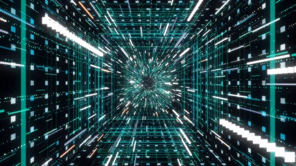 Túnel luminoso futurista con corriente de líneas. Animación. Hermosa inmersión en el espacio cibernético del túnel cuadrado con líneas de neón a través de la corriente de rayas brillantes —  Fotos de Stock