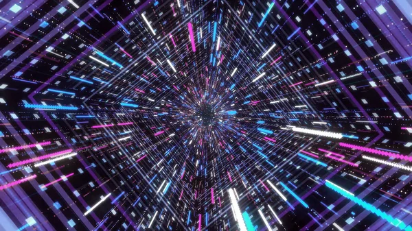 Parlayan parçacıkların aktığı neon bir tünel. Animasyon. 3 boyutlu neon çizgileri ve siyah arkaplanda renkli parçacıkları olan siber uzayın kare tüneli — Stok fotoğraf