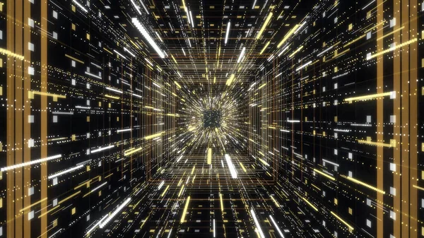 Neon tunnel met kleurrijke stroom van stralende deeltjes. Animatie. Vierkante tunnel van cyberspace met 3D neon strepen en kleurrijke deeltjes op zwarte achtergrond — Stockfoto