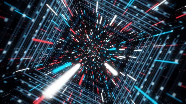 Ruscello stellare con strisce lucenti in galleria. Animazione. Cyber spazio di tunnel con flusso 3D immersivo di linee al neon. Bellissimo tunnel spaziale di linee al neon luminose e particelle — Foto Stock