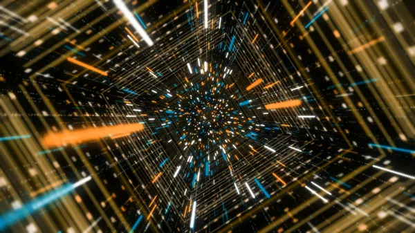 Tünelde parlak çizgili yıldız akıntısı. Animasyon. Üç boyutlu neon hatlı siber tünel akışı. Parlayan neon çizgileri ve parçacıklardan oluşan güzel uzay tüneli — Stok fotoğraf
