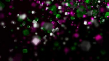 Siyah arkaplanda kübik parçacıklar oluşuyor. Animasyon. Farklı boyutlarda küpler tek sıra halinde birbirine bağlıdır. Kübik parçacık akışı hizaya girdi