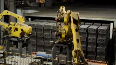 Seramik tuğla fabrikasında ve profesyonel makinelerde tuğla üretimi. Stok görüntüleri. Birçok ham seramik blok kavrulmadan önce taşınıyor, inşaat endüstrisi konsepti.