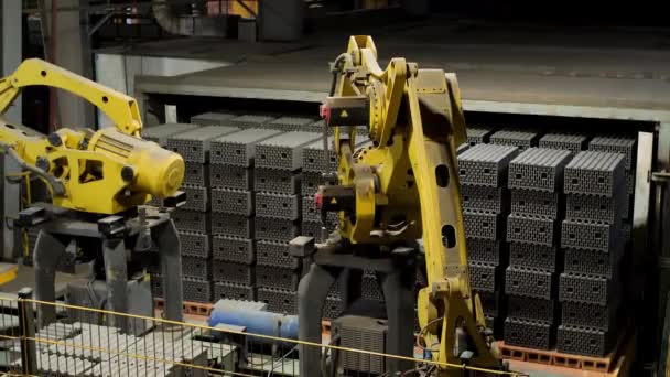 Seramik tuğla fabrikasında ve profesyonel makinelerde tuğla üretimi. Stok görüntüleri. Birçok ham seramik blok kavrulmadan önce taşınıyor, inşaat endüstrisi konsepti. — Stok video