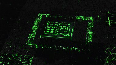 Anakart devrelerindeki işlemci ya da mikroçip ve elektronik sinyaller, 3 boyutlu hareket grafikleri. Animasyon. Merkezi işlem birimi ile hareket eden elektronları olan gelecekçi devre kartı.