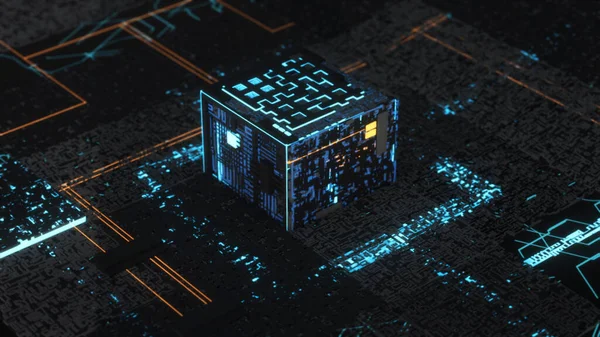 3d τσιπ υπολογιστών πέρα από το υπόβαθρο κυκλωμάτων μπλε και μαύρα χρώματα. Κινούμενα σχέδια. Τεχνητή Νοημοσύνη και τεχνολογία του κυβερνοχώρου έννοια, αφηρημένη μικροεπεξεργαστή τσιπ. — Φωτογραφία Αρχείου