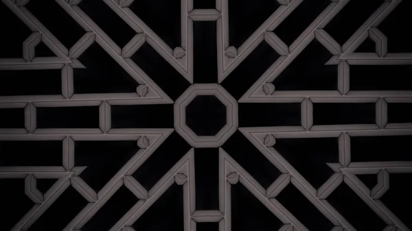 Abstract black and white kaleidoscopic pattern with appearing geometrical figures. Animation. Monochrome symmetrical black pattern on white background.