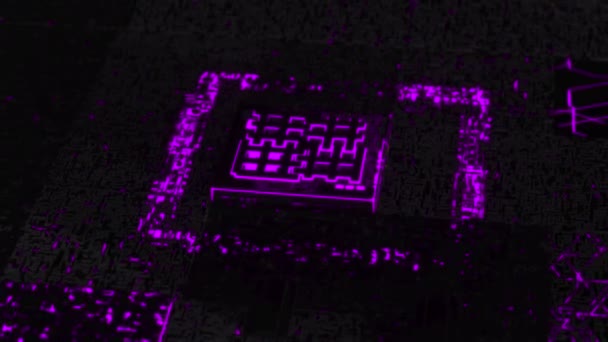 3D-Computerchip über Schaltkreis Hintergrund von lila und schwarzen Farben. Animation. Künstliche Intelligenz und Cyber-Technologien Konzept, abstrakter Mikrochip-Prozessor. — Stockvideo
