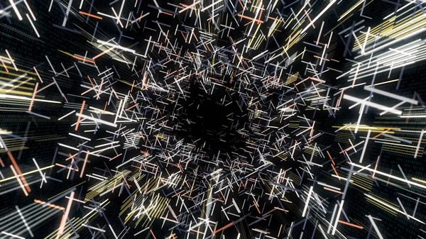Futuristic tunnel of broken lines. Animation. Beautiful cyber tunnel of geometric lines and strokes on black background. Abstract tunnel from moving broken strokes of matrix