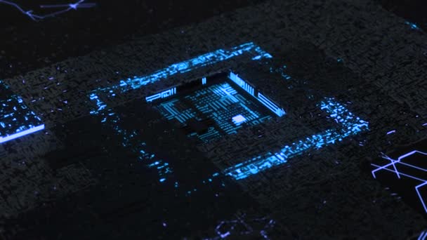Cubo futurista de néon. Animação. Fundo de alta tecnologia com cubo de néon subindo do buraco na superfície lançando mecanismos cibernéticos — Vídeo de Stock