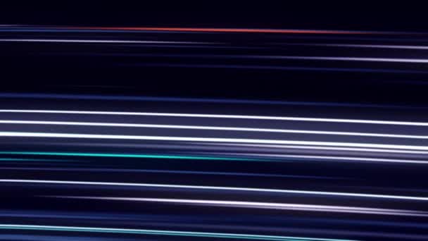 Neon lijnen bewegen op zwarte achtergrond. Animatie. Horizontale heldere lijnen bewegen knipperen als een glitch. Glitch scherm met neon strepen — Stockvideo