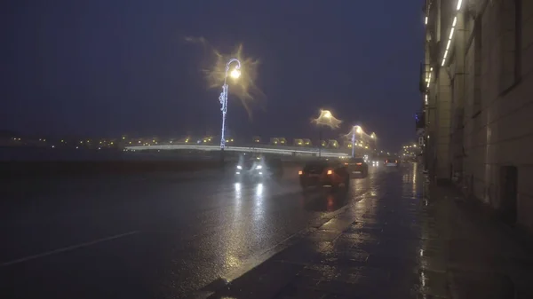Φθινόπωρο βροχερό δρόμο της πόλης τη νύχτα, νυχτερινή κυκλοφορία σε υγρό δρόμο κατά τη διάρκεια της βροχής, φώτα του δρόμου αντανακλάται σε λακκούβες. Κίνηση. Όμορφη ανάχωμα και φωτισμένη γέφυρα, πρώτο πρόσωπο γυρίσματα αποτέλεσμα. — Φωτογραφία Αρχείου