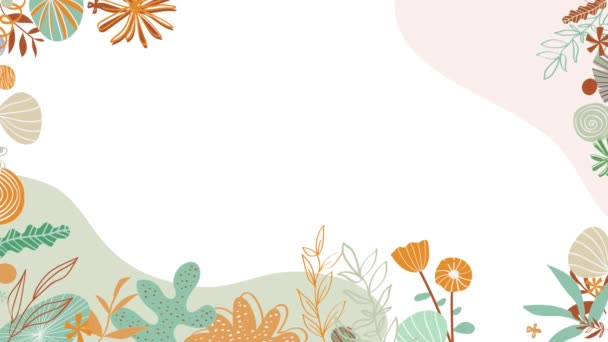 Floral patterns around edges. Animation. Beautiful animated background with delicate plants blooming at edges on white backdrop — Stock Video