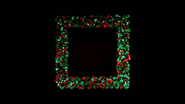 Christmas frame made of cubes and lights. Animation. Beautiful Christmas frame of green and red cubes and lights on black background