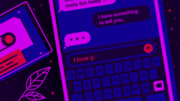 Gros plan d'un écran abstrait pour smartphone et d'un processus de discussion, en tapant le message que je t'aime. Animation stock. Concept d'hésitation, d'amour et de sortie du concept de zone amie . — Video