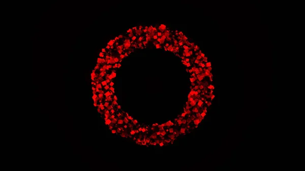 Kör sok színes vörös részecskék, hogy repül az oldalán fekete háttér. Animáció. Absztrakt gyűrű által alkotott apró piramisok és kockák. — Stock Fotó