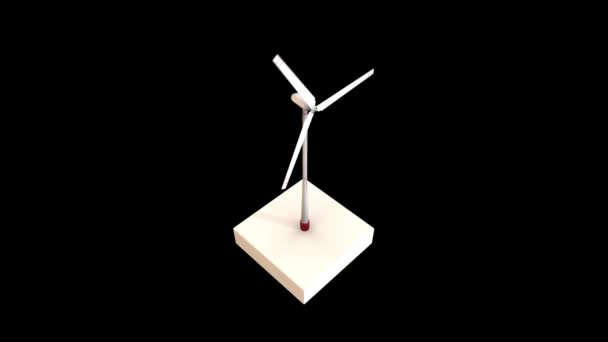 Abstraktní bílá ikona větrného mlýna s rotujícími lopatkami izolovanými na černém pozadí, bezešvé smyčky, monochromatický. Animace. Přírodní zdroje a koncept zelené energie. — Stock video