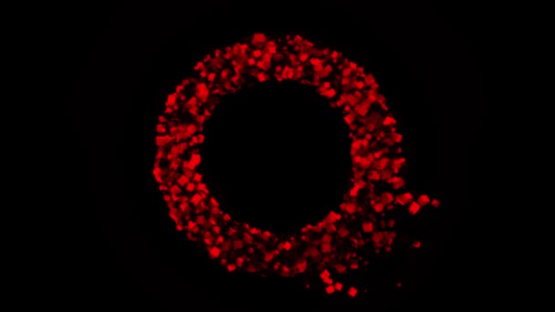 Cercle de nombreuses particules rouges colorées qui volent dans les côtés sur fond noir. Animation. Anneau abstrait formé par de minuscules pyramides et cubes .